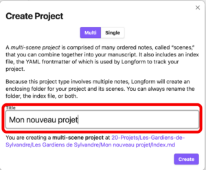 Fenêtre de saisie du nom du projet Longform